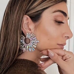 🔆Gold Tone Circular Iridescent Crystal Bar Post Back Drop Earrings